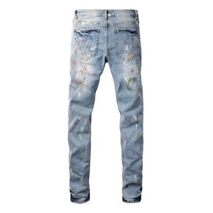 Jeans Colorful Ink Splashing Graffiti Ripped Jeans Elastic Slim Denim #6901