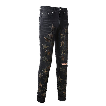 Ripped High Street Sticker Star Jeans High Craftsmanship Elastic Slim Fit #873