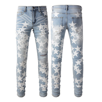 Jeans Pentagram Splicing Jeans High Craft Elastic Slim High Street Jeans 