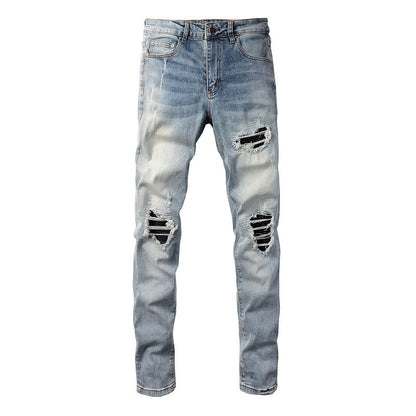 6667 High Street Ripped Hole Patch Jeans Retro Men's Elastic High Street Jeans