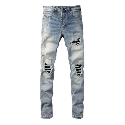 6667 High Street Ripped Hole Patch Jeans Retro Men's Elastic High Street Jeans
