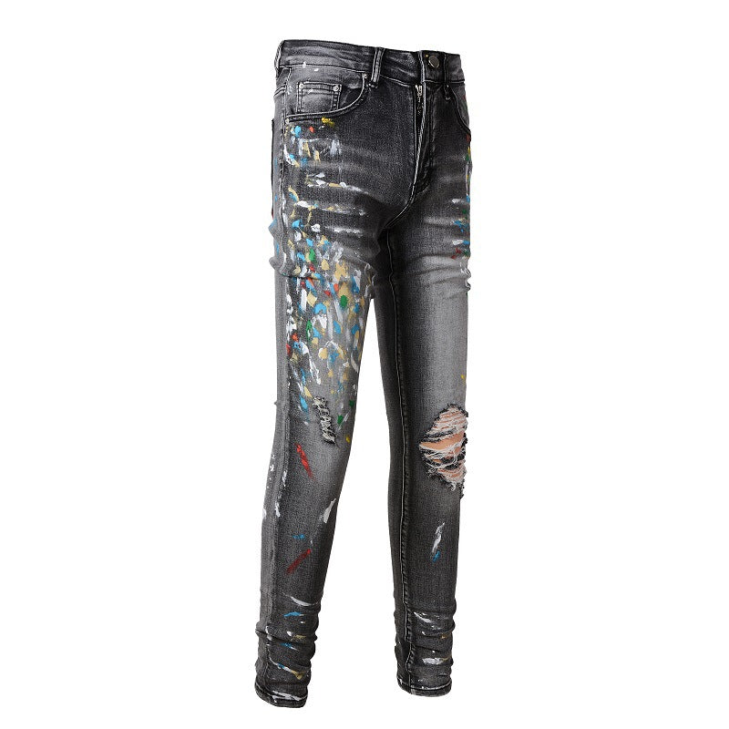 Jeans Graffiti Splashing Ink Pattern Ripped Jeans Elastic Slim Denim #1303