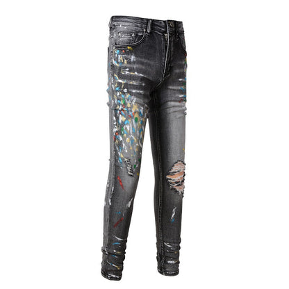 Jeans Graffiti Splashing Ink Pattern Ripped Jeans Elastic Slim Denim #1303