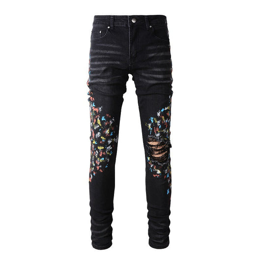 Street Denim Casual Trousers Micro elastic Cotton Youth Black Paint splashed Skinny Jeans #865