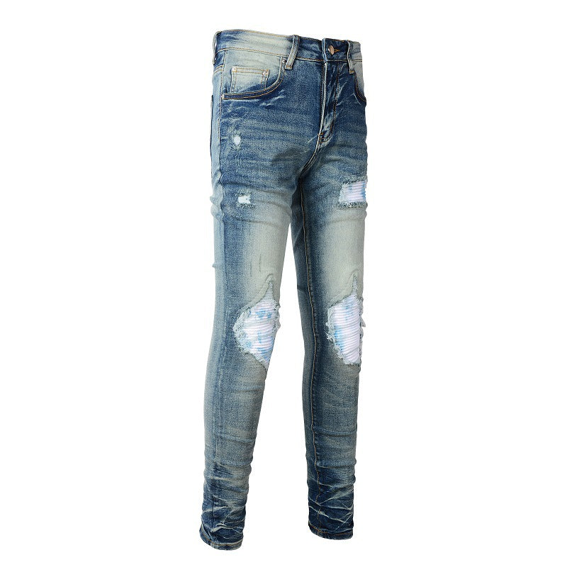 High Street Ripped Color Patch Jeans Retro Men's Stretch Slim Fit Jeans