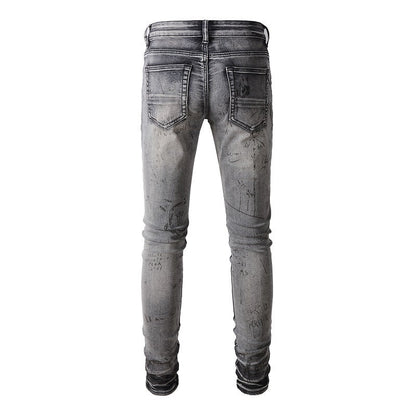 Street Denim Ripped Micro elastic Cotton Youth Gray Paint splashed Slim Jeans 879