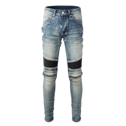 Korean Version Slim fit Locomotive Jeans High Street Jeans Zipper Sticker Splicing Jeans 606