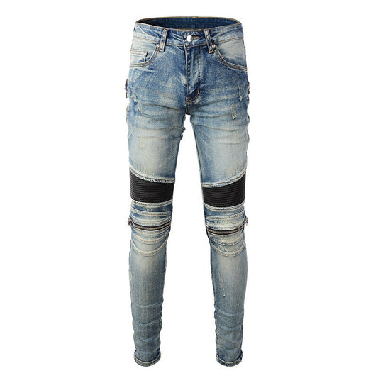 Korean Version Slim fit Locomotive Jeans High Street Jeans Zipper Sticker Splicing Jeans 606