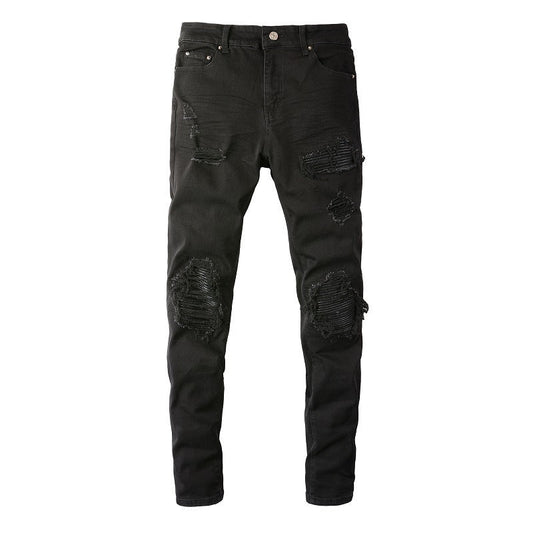 Men's Slim Fit Black Jeans with Large Knee Rips and Patchwork Design 602