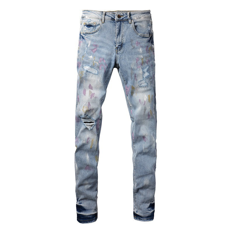 Jeans Colorful Ink Splashing Graffiti Ripped Jeans Elastic Slim Denim #6901