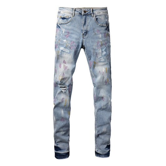 Jeans Colorful Ink Splashing Graffiti Ripped Jeans Elastic Slim Denim #6901