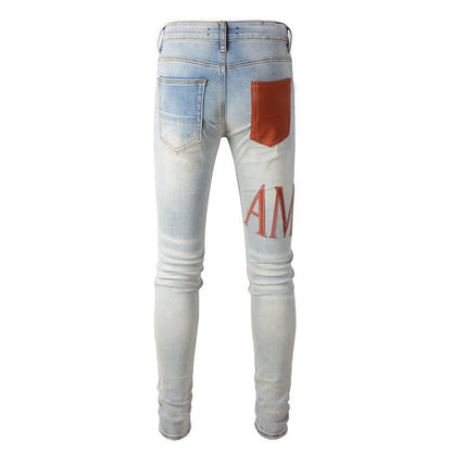 Street Ripped Patch Jeans High Street Slim Pants Denim #840