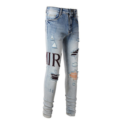 Street Letter Embroidered Jeans High Street Men Slim fitting Small Feet Jeans #1301