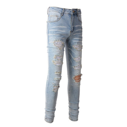 High Street Denim Casual Trousers Micro elastic Cotton Youth Blue Ripped Skinny Jeans 6808