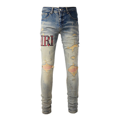 Street Letter Embroidered Jeans Blue Elastic Slim fit Jeans #888