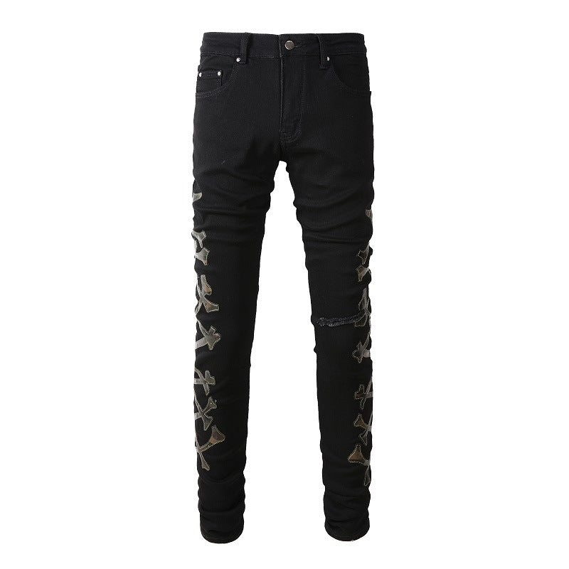 Jeans déchirés avec motif camouflage en cuir skinny #842 