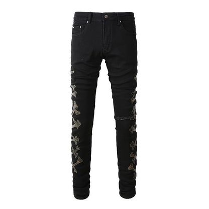 Jeans déchirés avec motif camouflage en cuir skinny #842 