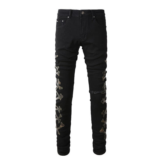 Jeans Ripped Splicing Camouflage Leather Pattern Skinny Jeans #842