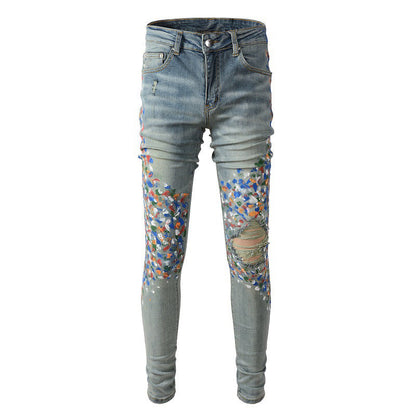 Pantalon décontracté en denim de rue en coton micro élastique pour jeunes, jeans skinny bleu avec éclaboussures de peinture #868 