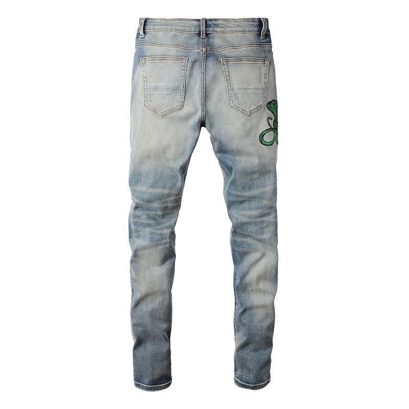 6561 Embroidered Cobra Ripped Patch Jeans Stretch Slim High Street Jeans