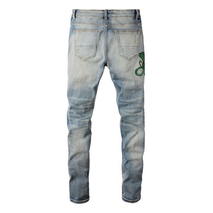 6561 Embroidered Cobra Ripped Patch Jeans Stretch Slim High Street Jeans