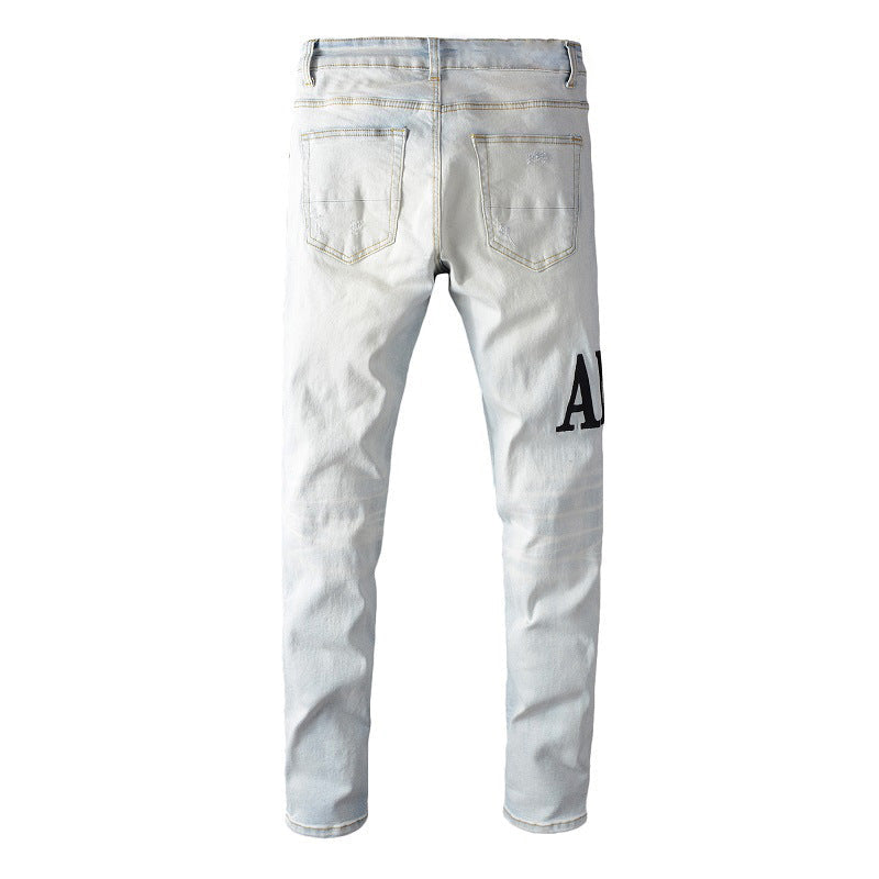 Vaqueros desgastados de corte ajustado, color beige, con letras bordadas de High Street, talla pequeña, n.° 650 