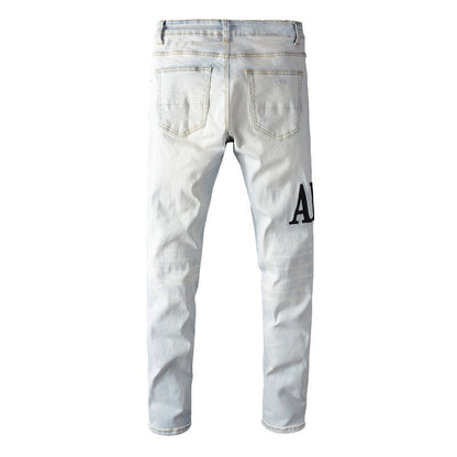 Vaqueros desgastados de corte ajustado, color beige, con letras bordadas de High Street, talla pequeña, n.° 650 