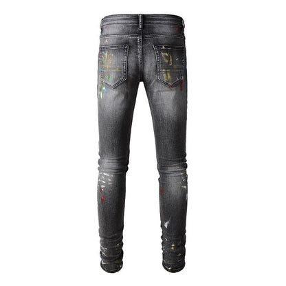 Jeans Graffiti Splashing Ink Pattern Ripped Jeans Elastic Slim Denim #1303