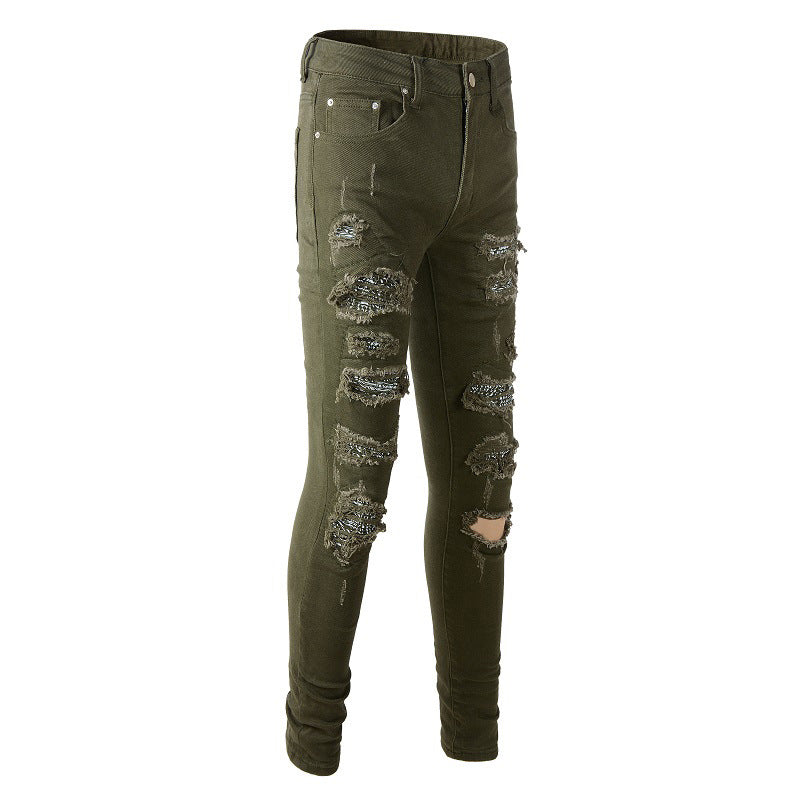 High Street Army Green Ripped Patch Jeans Elastic Slim #851