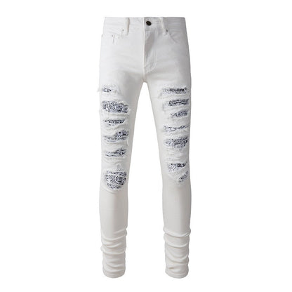 High Street White Slim Fit Elastic Ripped Patch Denim Casual Pants #843