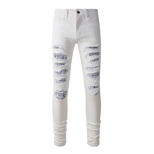 High Street White Slim Fit Elastic Ripped Patch Denim Casual Pants #843