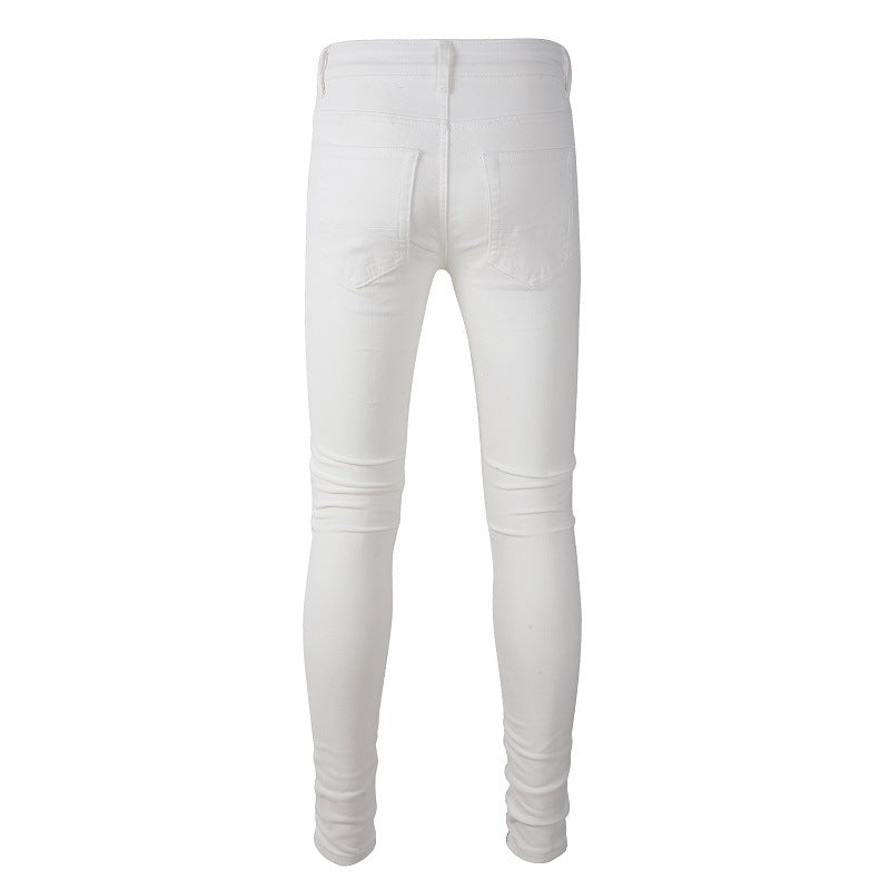 High Street Men's Slim Fit Jeans Ripped Patch Pants White Casual Jeans 7592