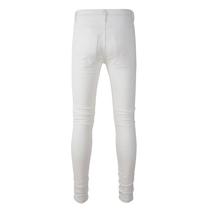 High Street Men's Slim Fit Jeans Ripped Patch Pants White Casual Jeans 7592