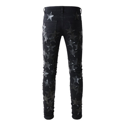 691 High Street Black Pentagram Jeans Young Men's Elastic Slim Small Foot Jeans
