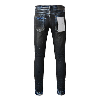 Jean skinny violet pour homme avec détails déchirés 9051 Pantalon de motard en denim tendance avec patchs et motif imprimé