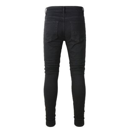 High Street Black Trousers Crumpled Jeans Stretch Men's Slim Fit Small Foot Jeans