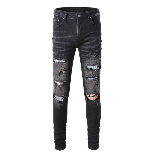 Street Denim Ripped Micro elastic Cotton Youth Black Paint splashed Back Bag Print Skinny Jeans #859