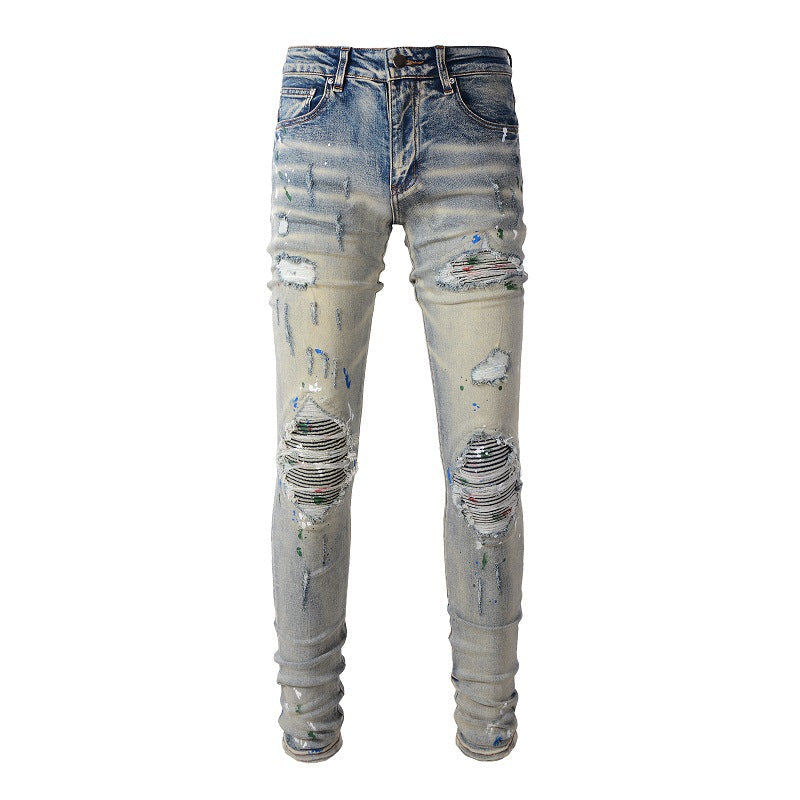 High Street Ink Graffiti Ripped Patch Stretch Slim Jeans #883