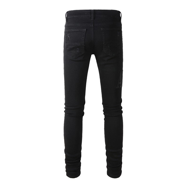 Street Ripped Letter Embroidered Jeans High Street Men Slim fitting Small Feet Jeans #892