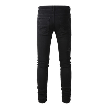 Street Ripped Letter Embroidered Jeans High Street Men Slim fitting Small Feet Jeans #892