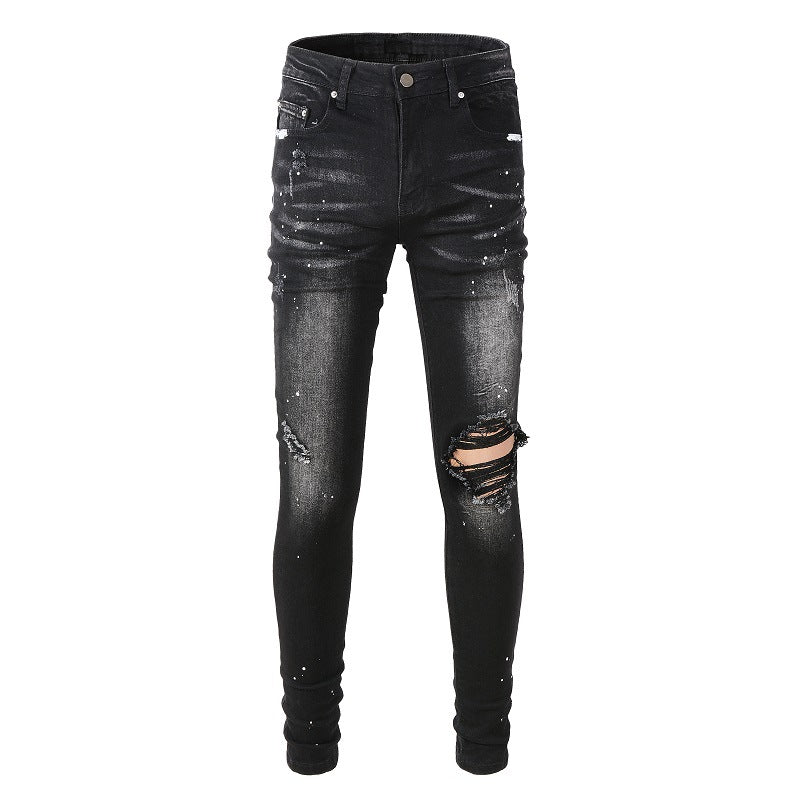 845 Street Ripped Patch Jeans High Street Slim Pants Denim