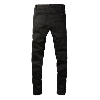 Jean slim stretch noir avec design polyvalent et empiècements en similicuir 8607