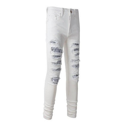 High Street White Slim Fit Elastic Ripped Patch Denim Casual Pants #843