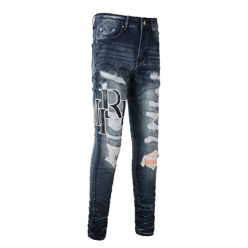 Street Letter Embroidery Ripped Patch Slim fit Small Foot Jeans