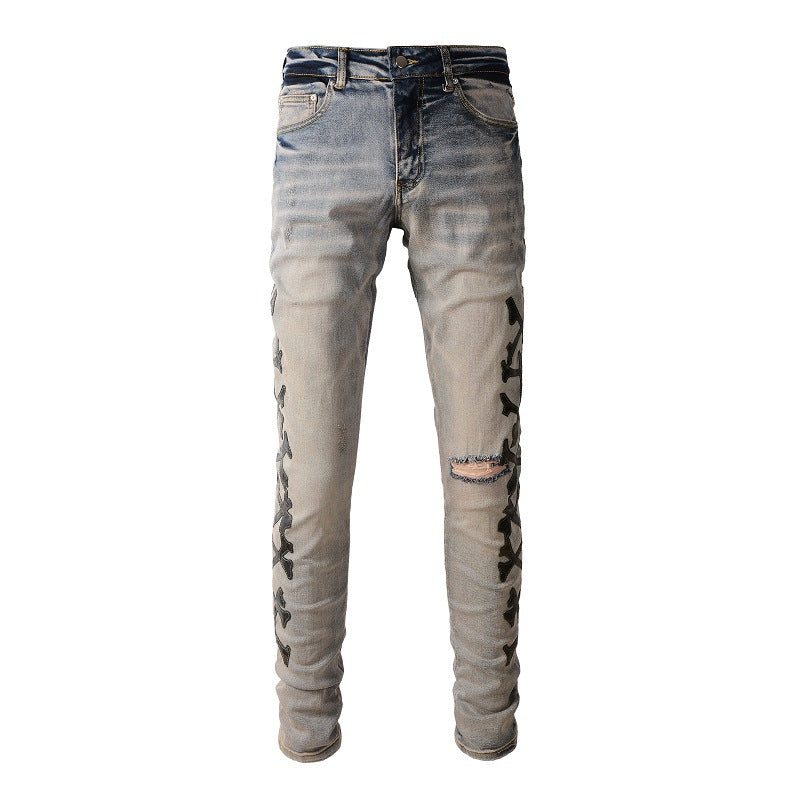 871 Jeans, Ripped Embroidered Bones, Skin Stickers, Elastic, Slim fitting Small footed Jeans