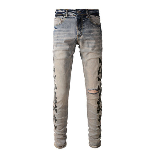 871 Jeans, Ripped Embroidered Bones, Skin Stickers, Elastic, Slim fitting Small footed Jeans