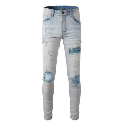 645 Ripped Blue Patch Jeans Elastic Slim Slim High Street Jeans