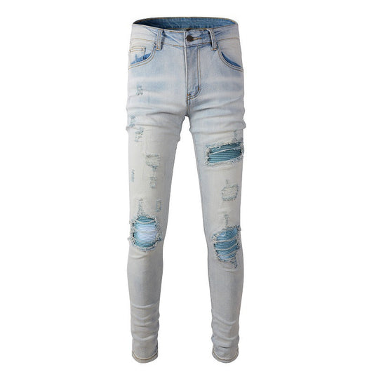 645 Ripped Blue Patch Jeans Elastic Slim Slim High Street Jeans