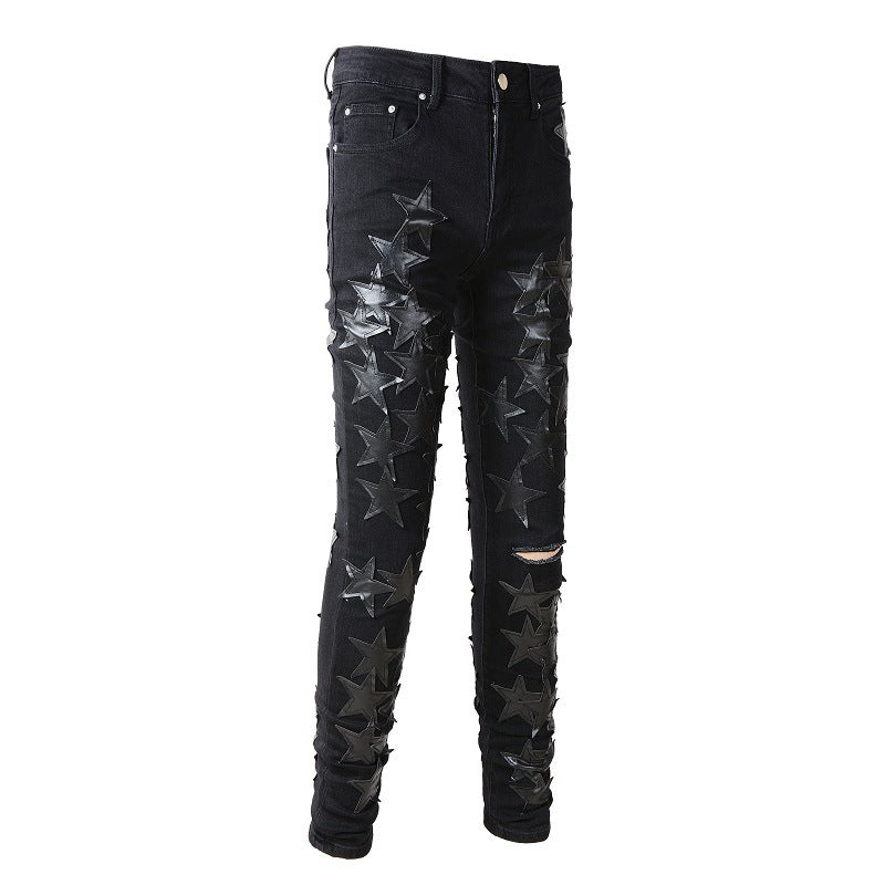 691 High Street Black Pentagram Jeans Young Men's Elastic Slim Small Foot Jeans