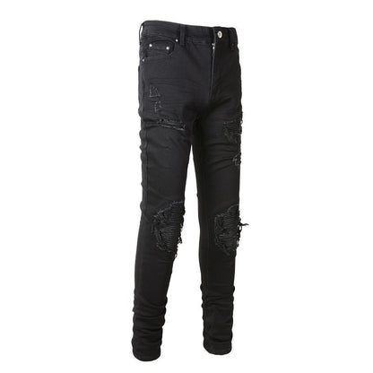 Jean slim noir pour homme avec grandes déchirures au genou et motif patchwork 602